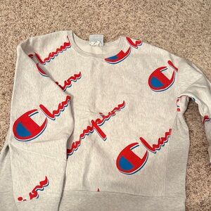 Champion Heather Gray Crewneck with Red and Blue Accents